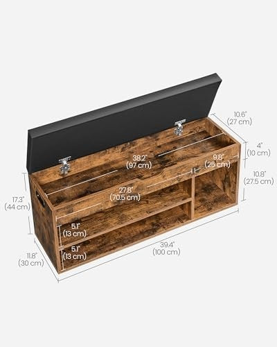 Rustic Brown Shoe Storage Bench, Cushion 3 Compartments Hidden Seat 100x30x44