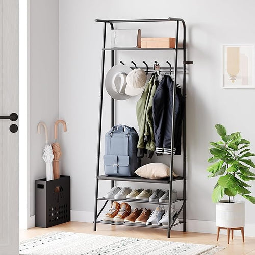 Black 4-in-1 Coat Rack with Shoe Storage & 5 Hooks Metal Hall Tree Stand