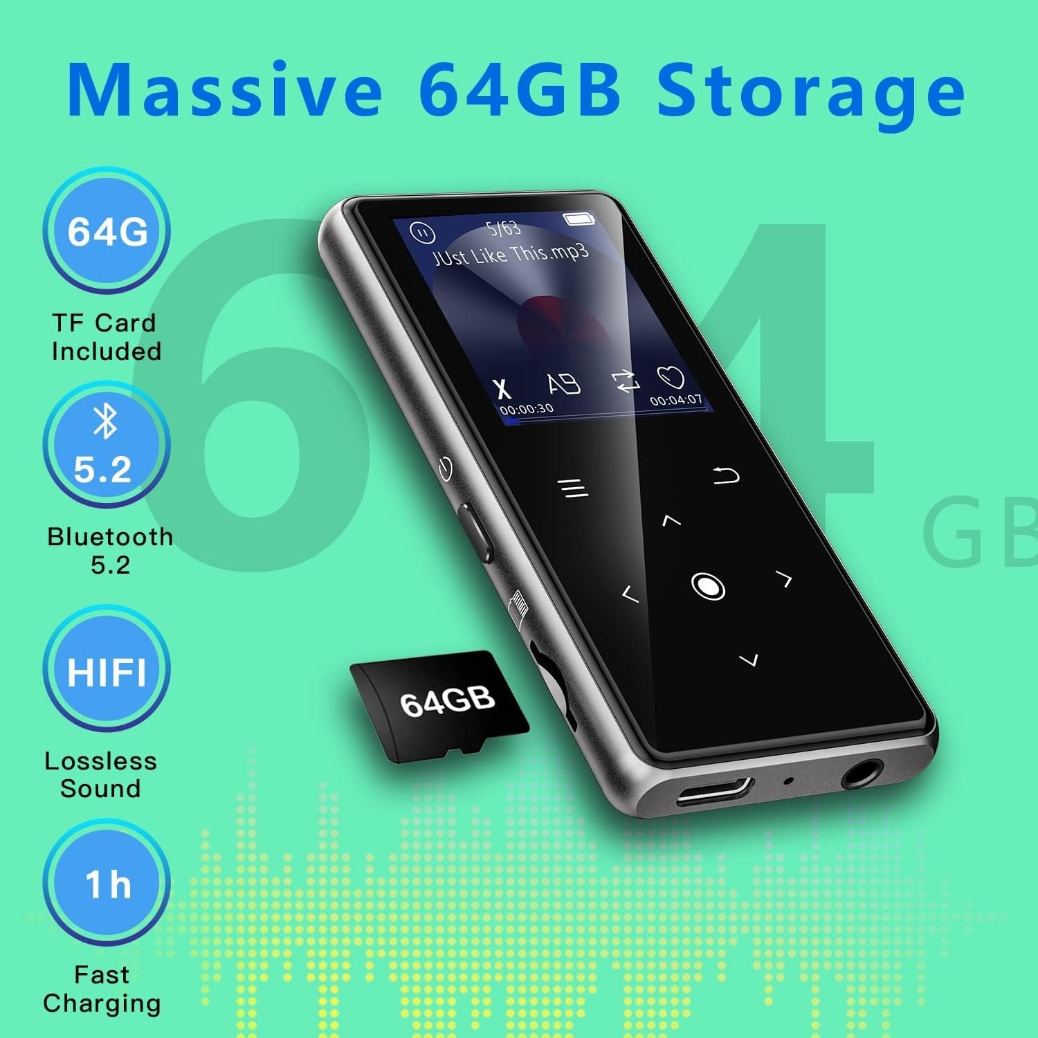 64GB MP3 Player Bluetooth 5.2 FM Radio Voice Recorder HiFi Speaker