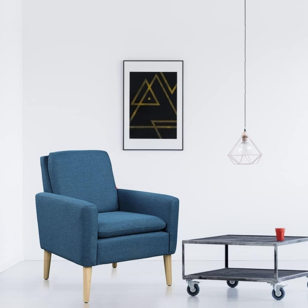 Modern Linen Armchair Blue Comfy Accent Chair for Lounge Bedroom Office