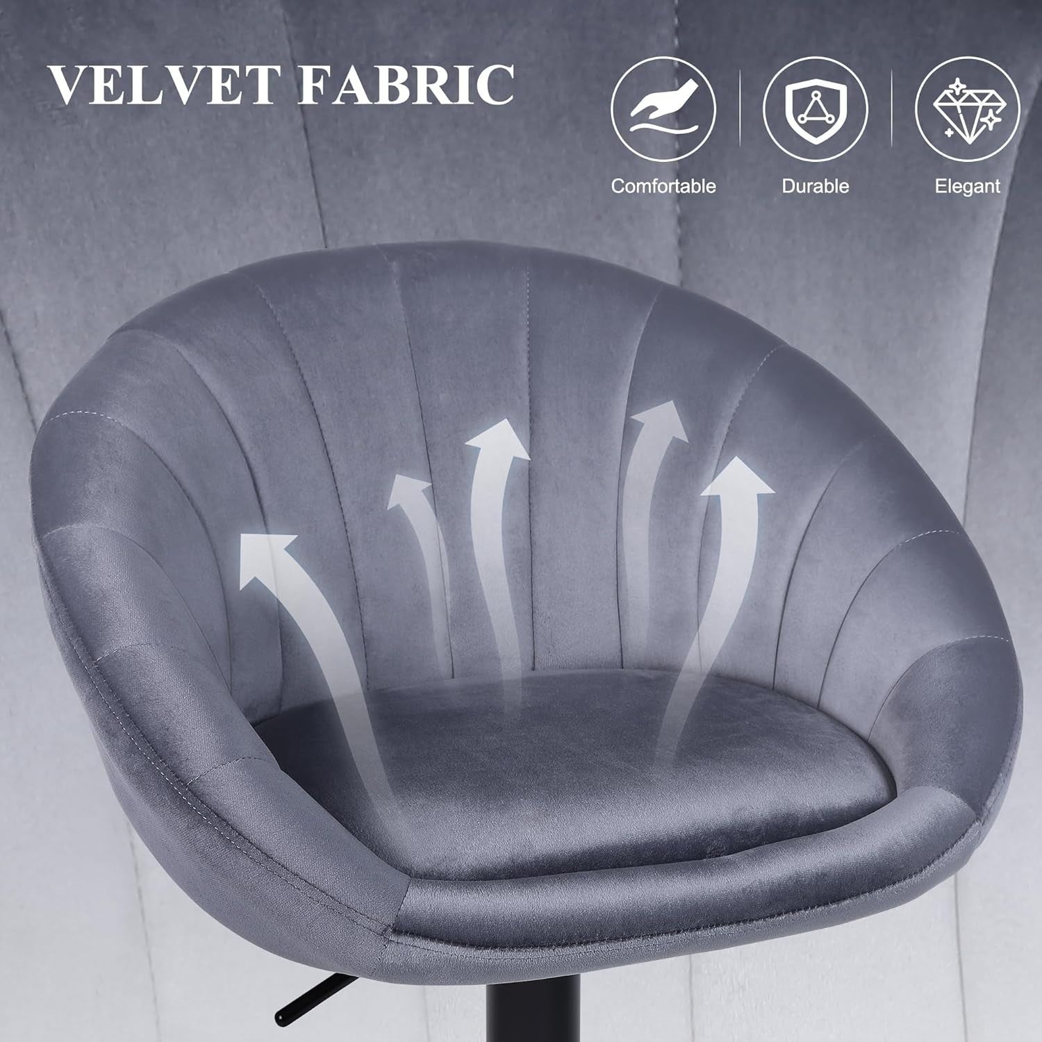 4PC Velvet Bar Stools Grey – Height Adjustable Swivel Kitchen Chairs