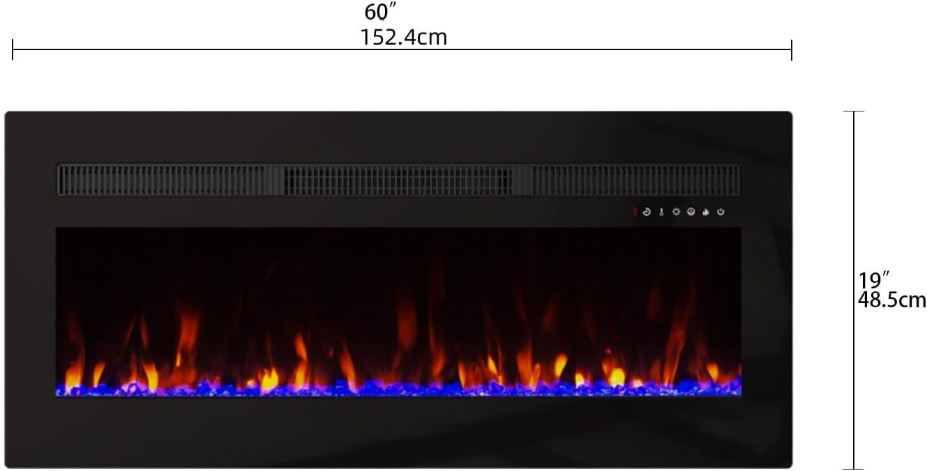 60" Electric Insert Fireplace LED Flames 12 Colors Wall Mount Recessed