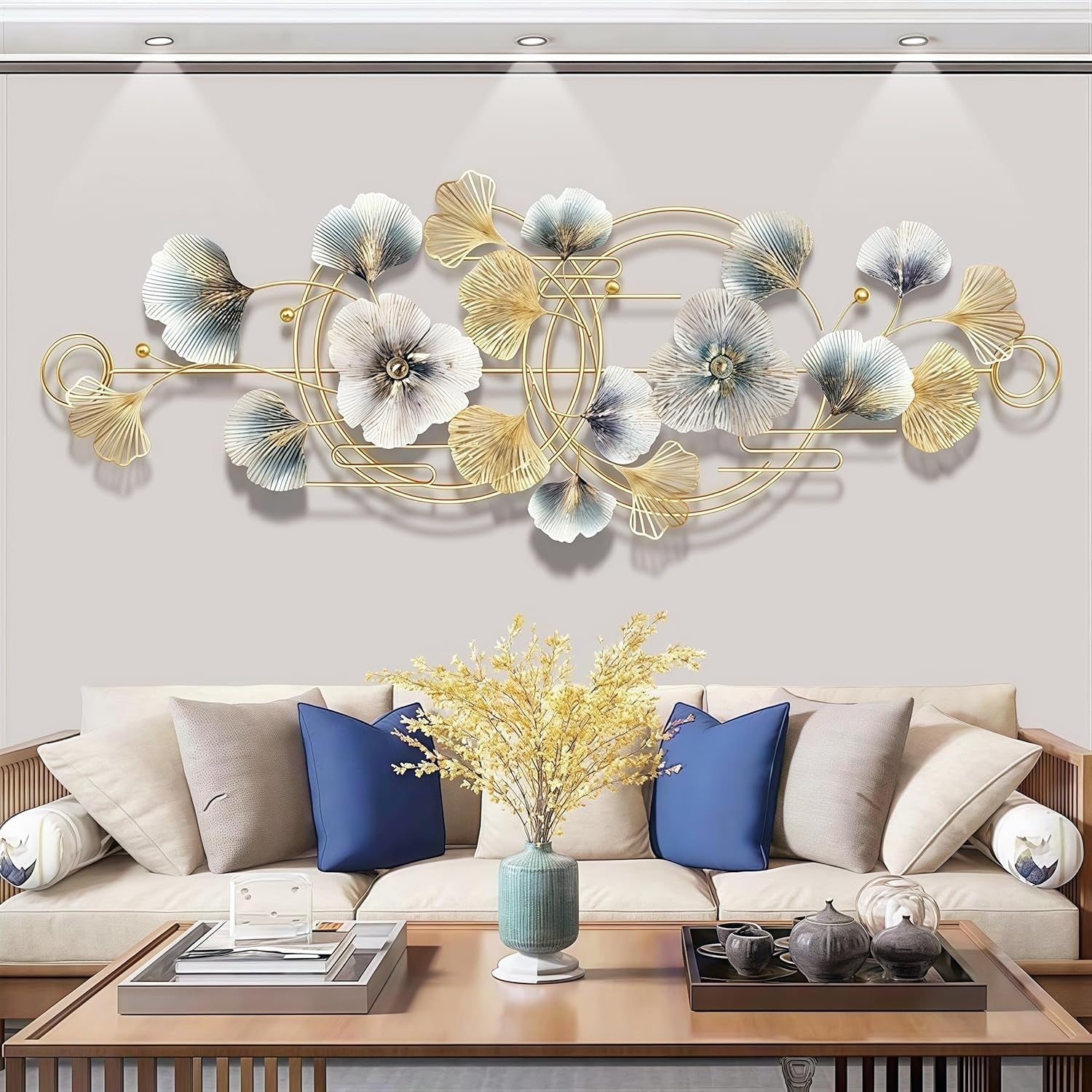Large Gold Ginkgo Leaf Metal Wall Art 127x50cm 3D Sculpture