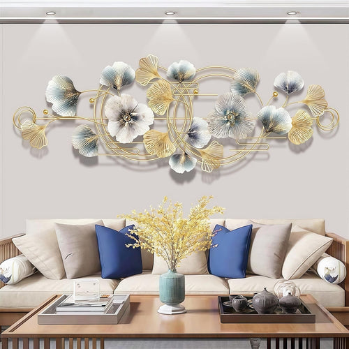 Large Gold Ginkgo Leaf Metal Wall Art 127x50cm 3D Sculpture