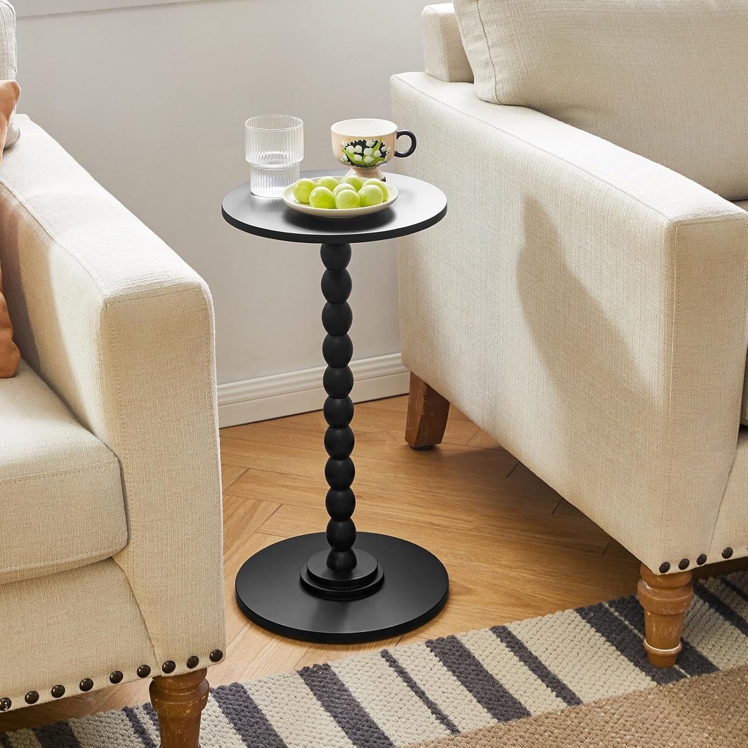 Black Round Side Table for Small Spaces – Modern Accent Table with Wood Leg Base