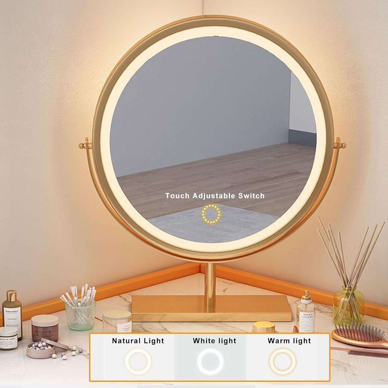Corner Makeup Vanity Desk Set w/ Lighted Mirror, Solid Wood Dressing Table