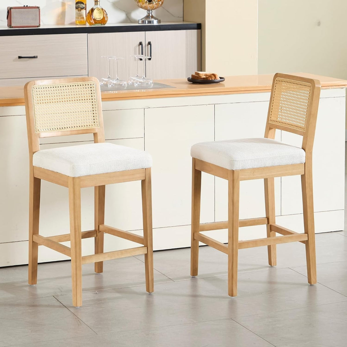 White Rattan Bar Stools Set of 2 Chenille Cushioned Counter Chairs Wood