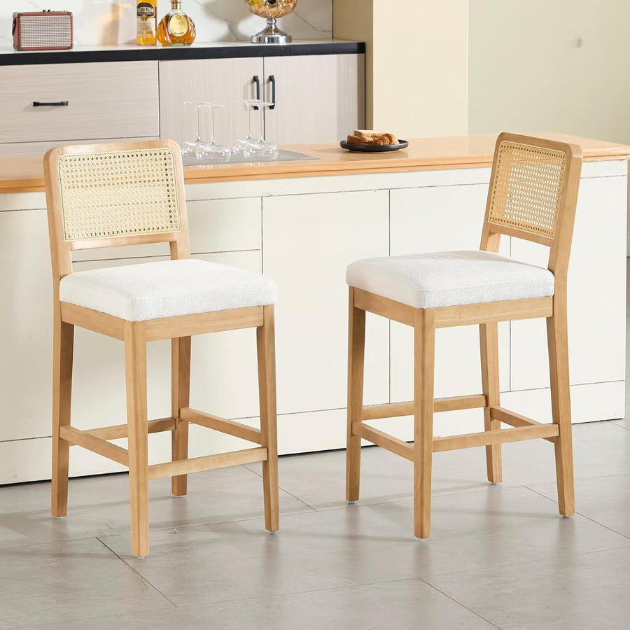 White Rattan Bar Stools Set of 2 Chenille Cushioned Counter Chairs Wood