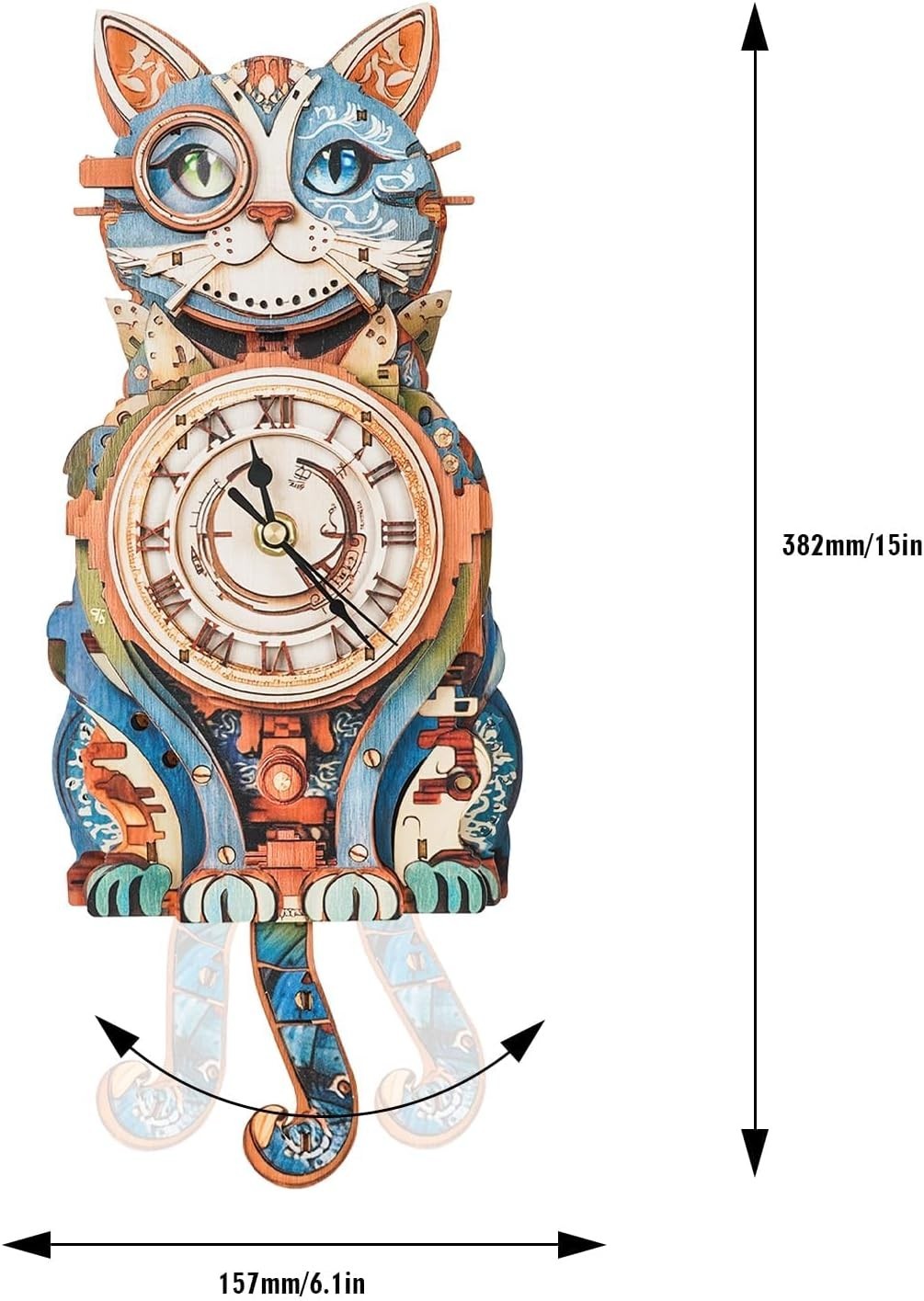 3D Wooden Cat Wall Clock Puzzle Kit – DIY Decor with Pendulum, Gift Idea