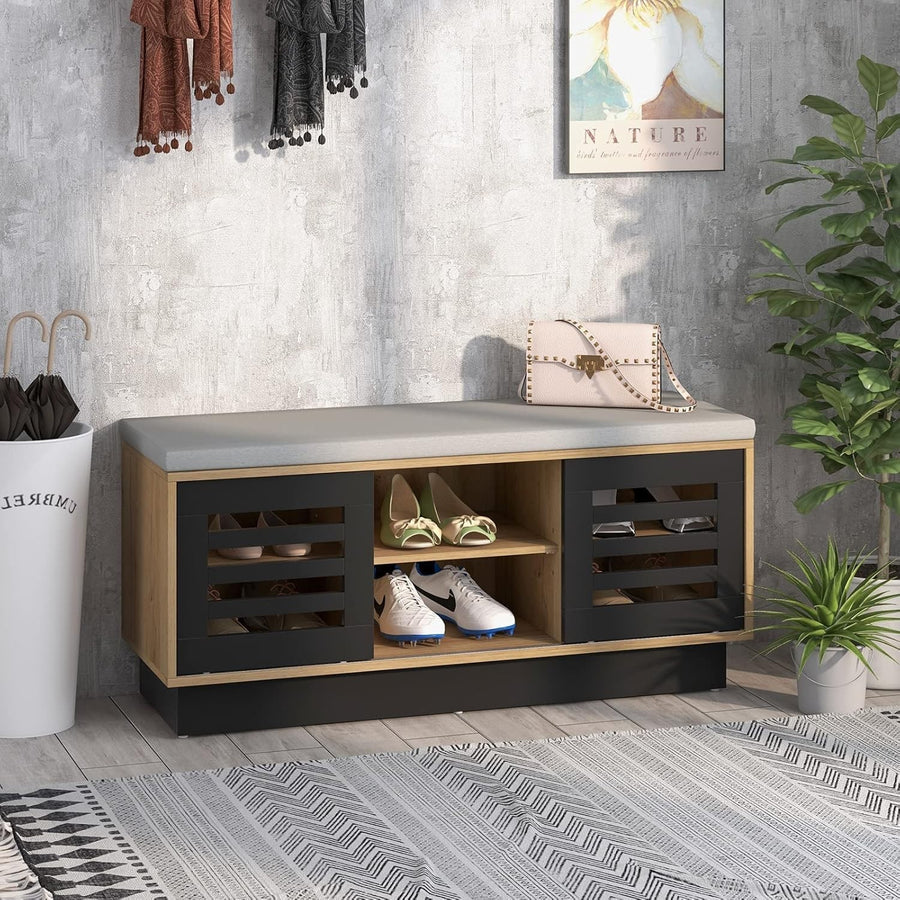 2-Tier Shoe Storage Bench with Cushion, 6 Compartments & Sliding Doors