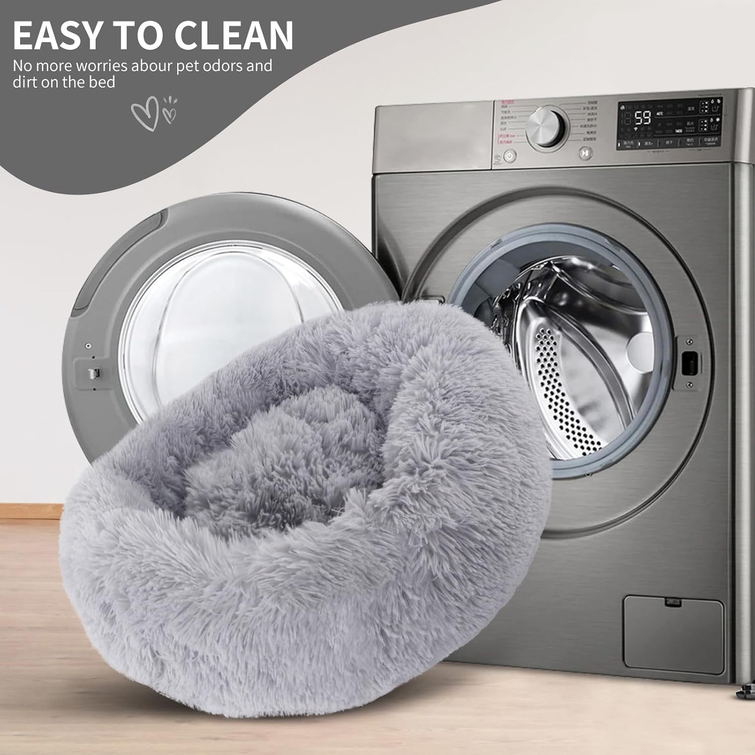 80cm Calming Donut Dog Bed Plush Washable Light Grey
