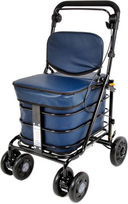 Luxury 6 Wheel Shopping Trolley With Seat Backrest Walking Aid Navy