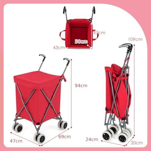 90L Folding Shopping Trolley 8 Wheels Large Push Cart Waterproof Red