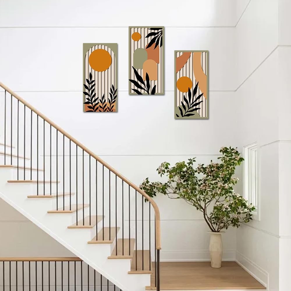 KiKiHong 3-Piece Wooden Abstract Botanical Wall Art for Living Room