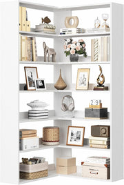 Tall White Corner Shelf Unit 6 Tier L-Shaped Bookcase Display Storage Rack