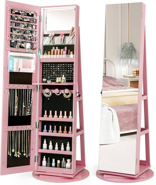 Pink 360° Swivel LED Jewelry Cabinet Mirror Lockable 3-Color Storage