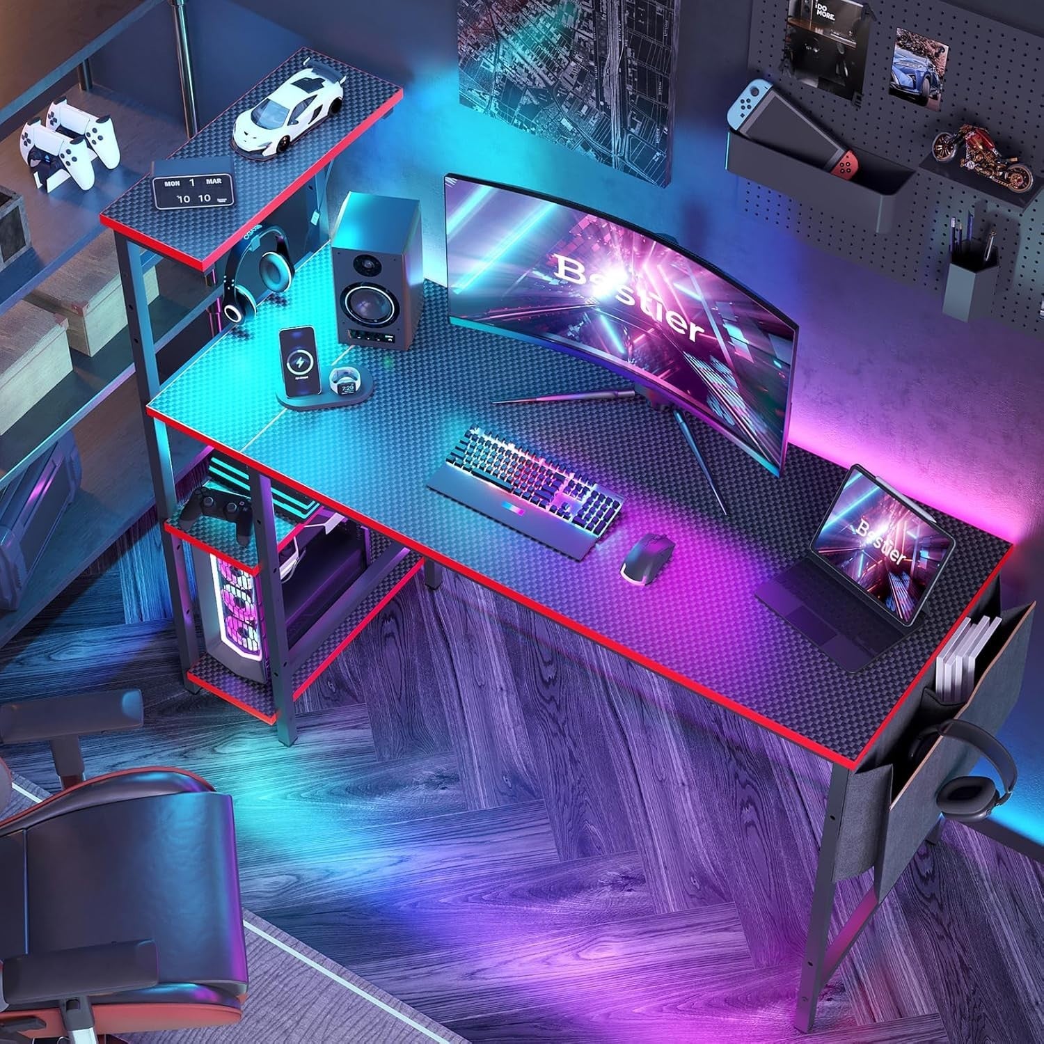 140cm Reversible Gaming Desk with LED Lights & Storage