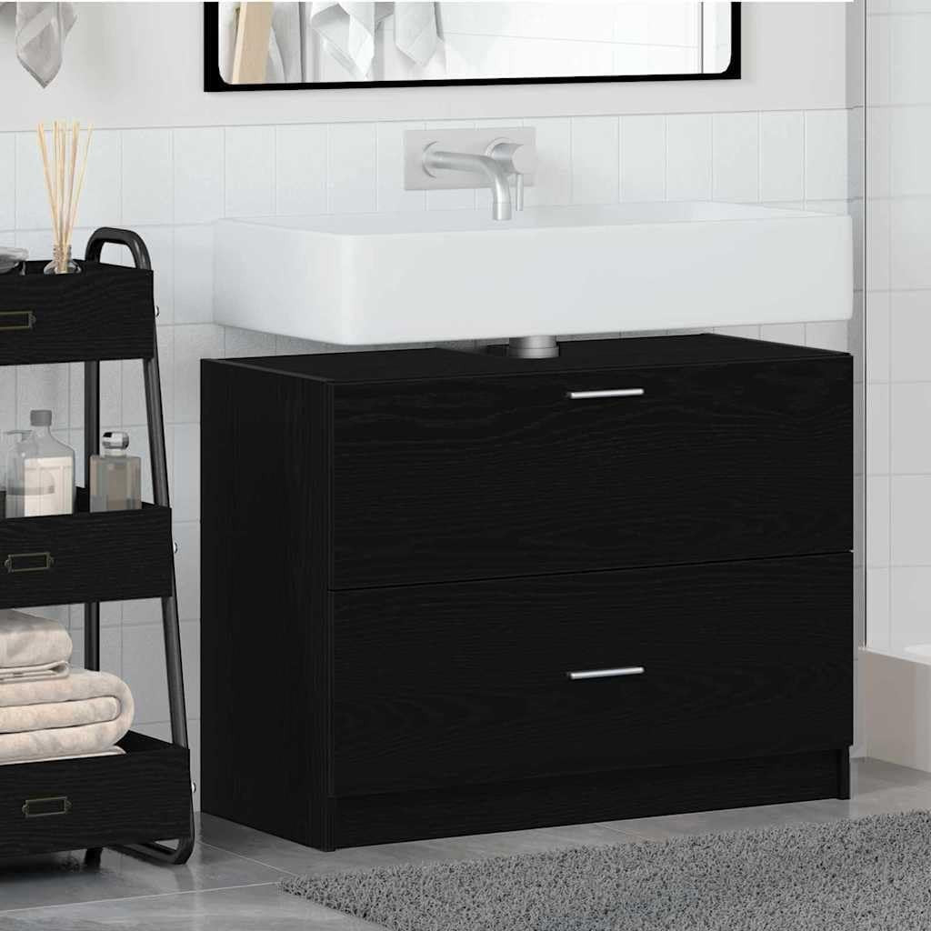 Black Oak Under Sink Bathroom Cabinet 78x37x59cm Modern Vanity Storage Unit