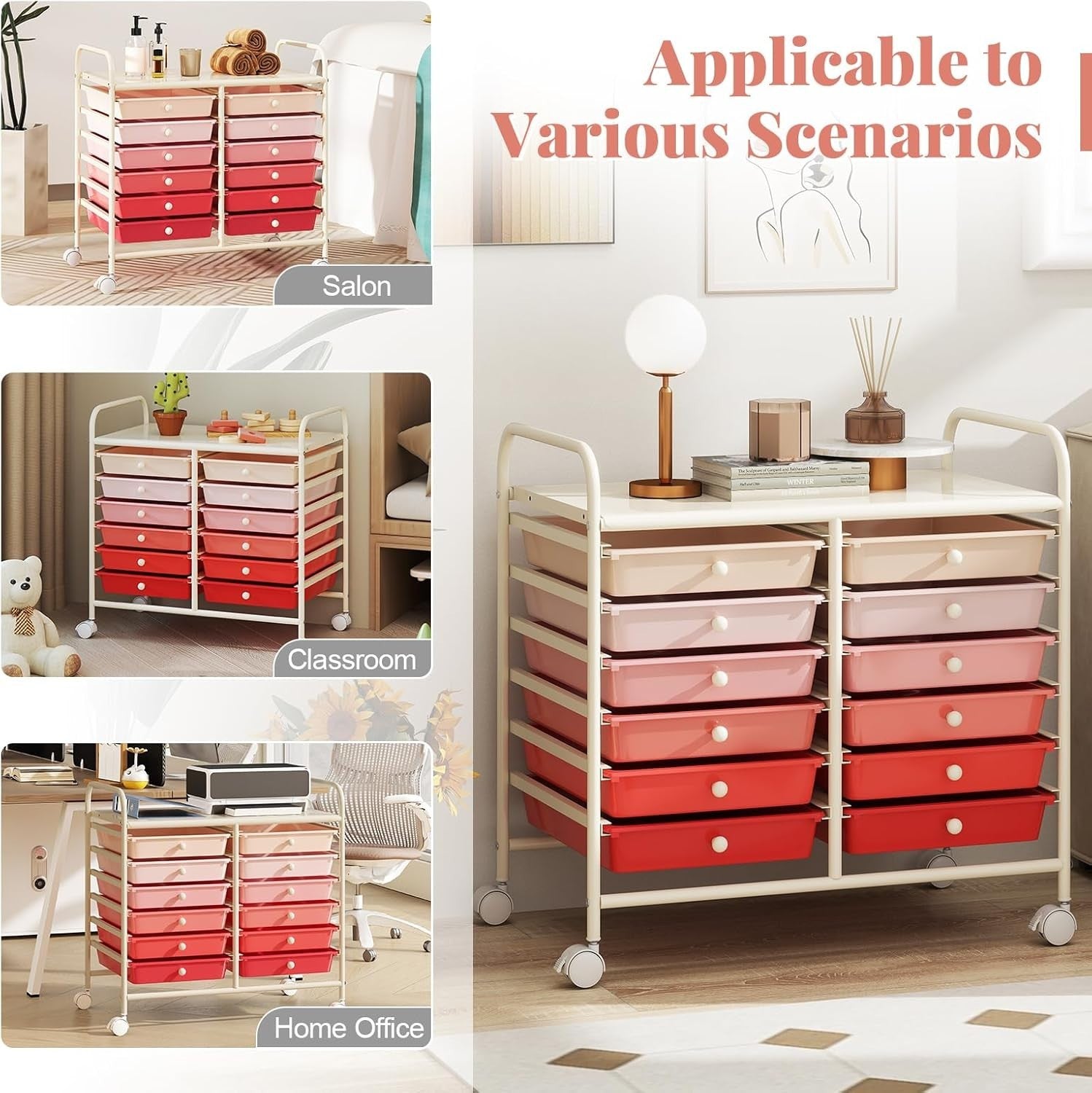 12 Drawer Rolling Storage Cart Pink Utility Trolley Organizer Wheels