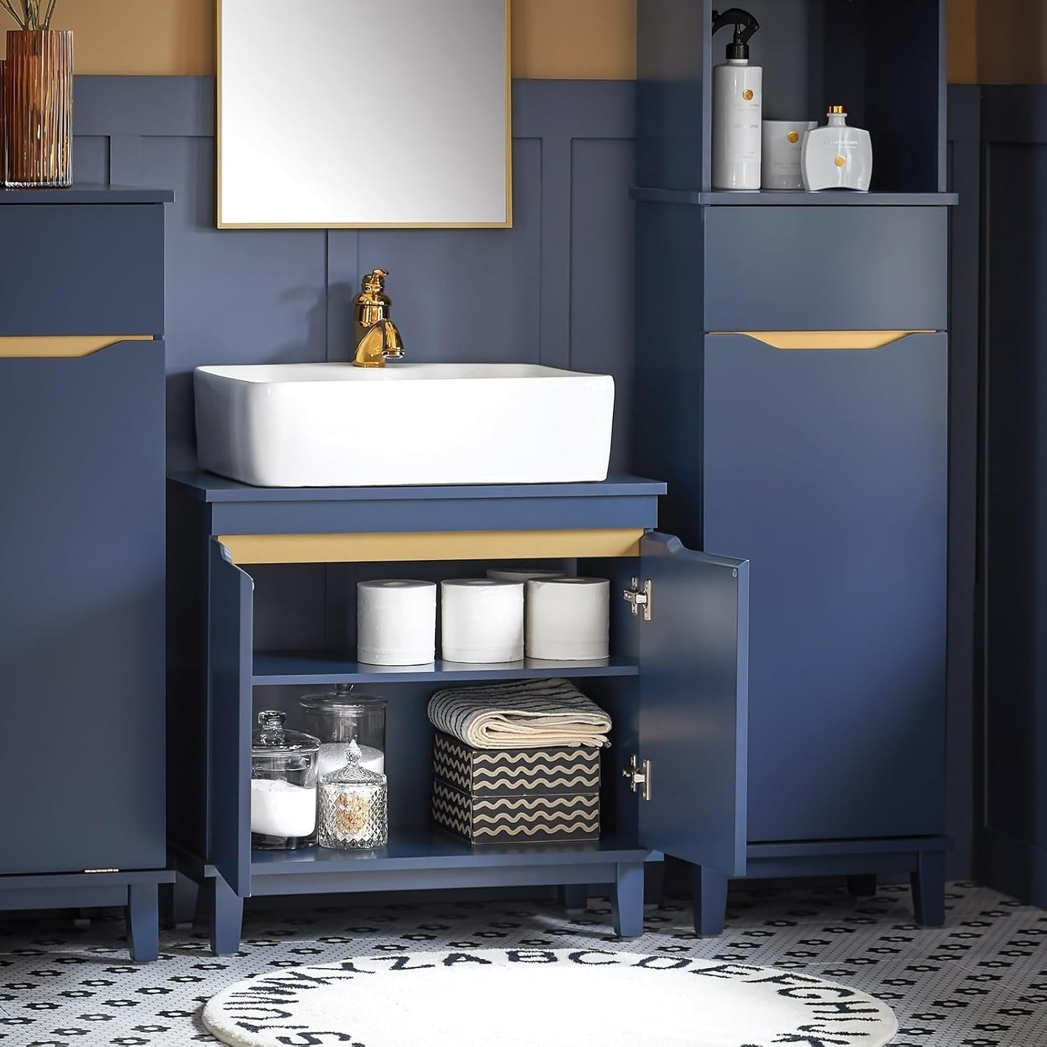 Navy Blue Under Sink Bathroom Cabinet – 2 Door Storage Unit for Small Spaces