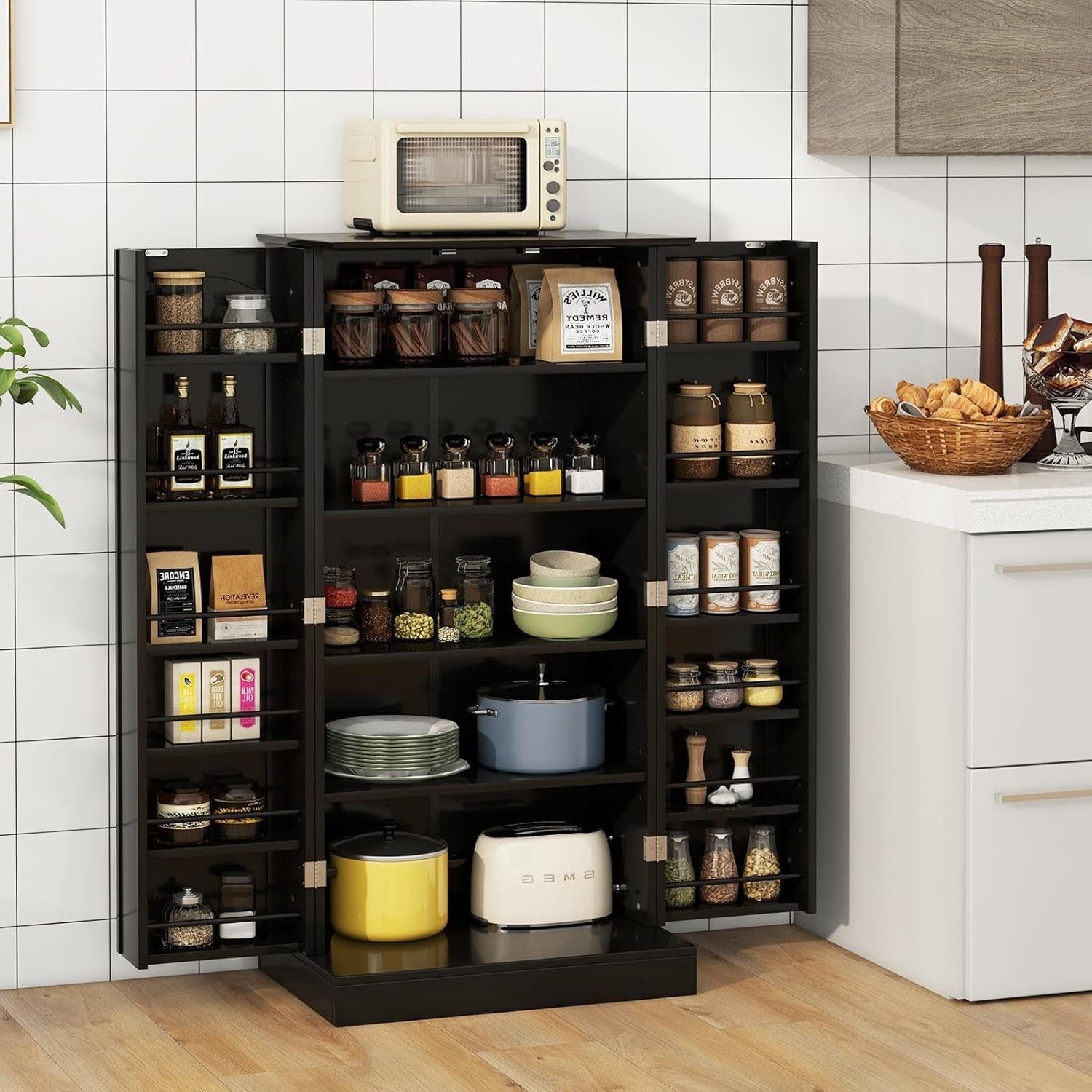 Tall Black Kitchen Pantry Cupboard Storage Cabinet Adjustable Shelves Unit