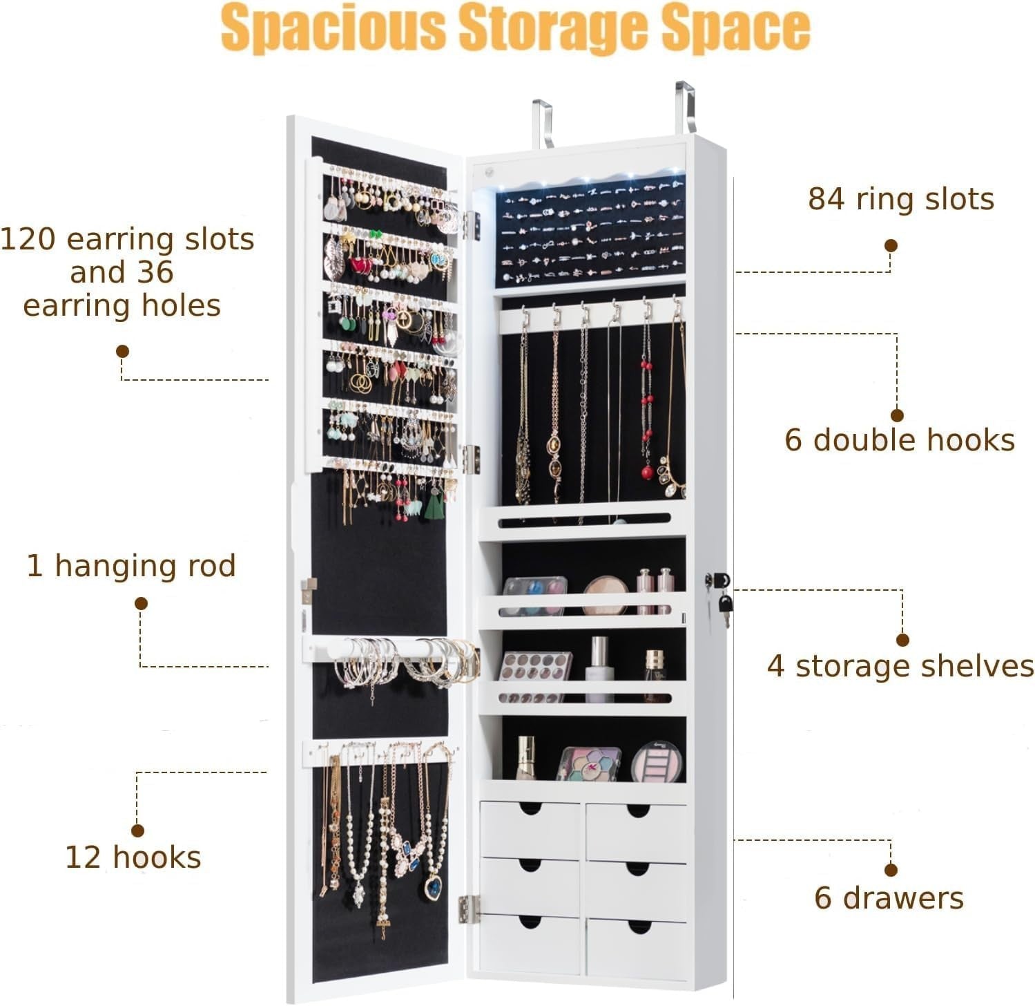 White LED Wall Mounted Jewelry Cabinet Mirror Lockable Hanging Organizer