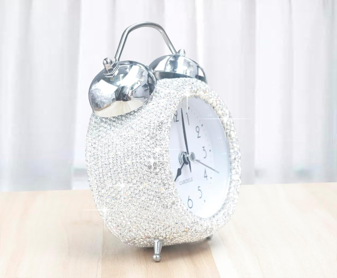 Luxury Rhinestone Alarm Clock Silent Non Ticking Extra Loud Twin Bell
