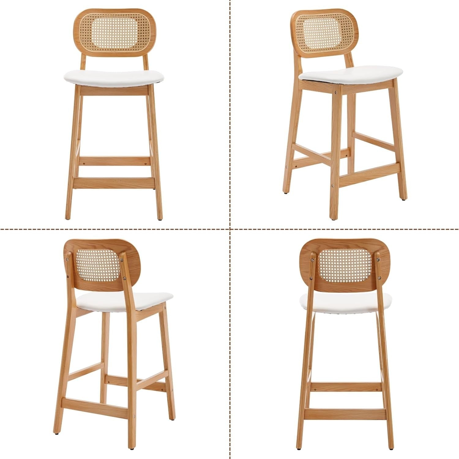 White PU Leather Bar Stool Set 2 – Rattan Backrest High Kitchen Chairs