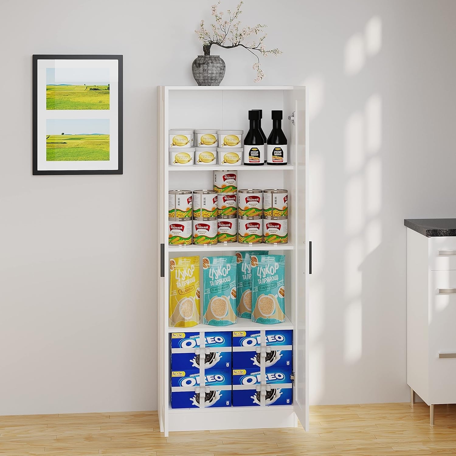 Tall Freestanding Storage Cabinet Cupboard White 2 Door Adjustable Shelves