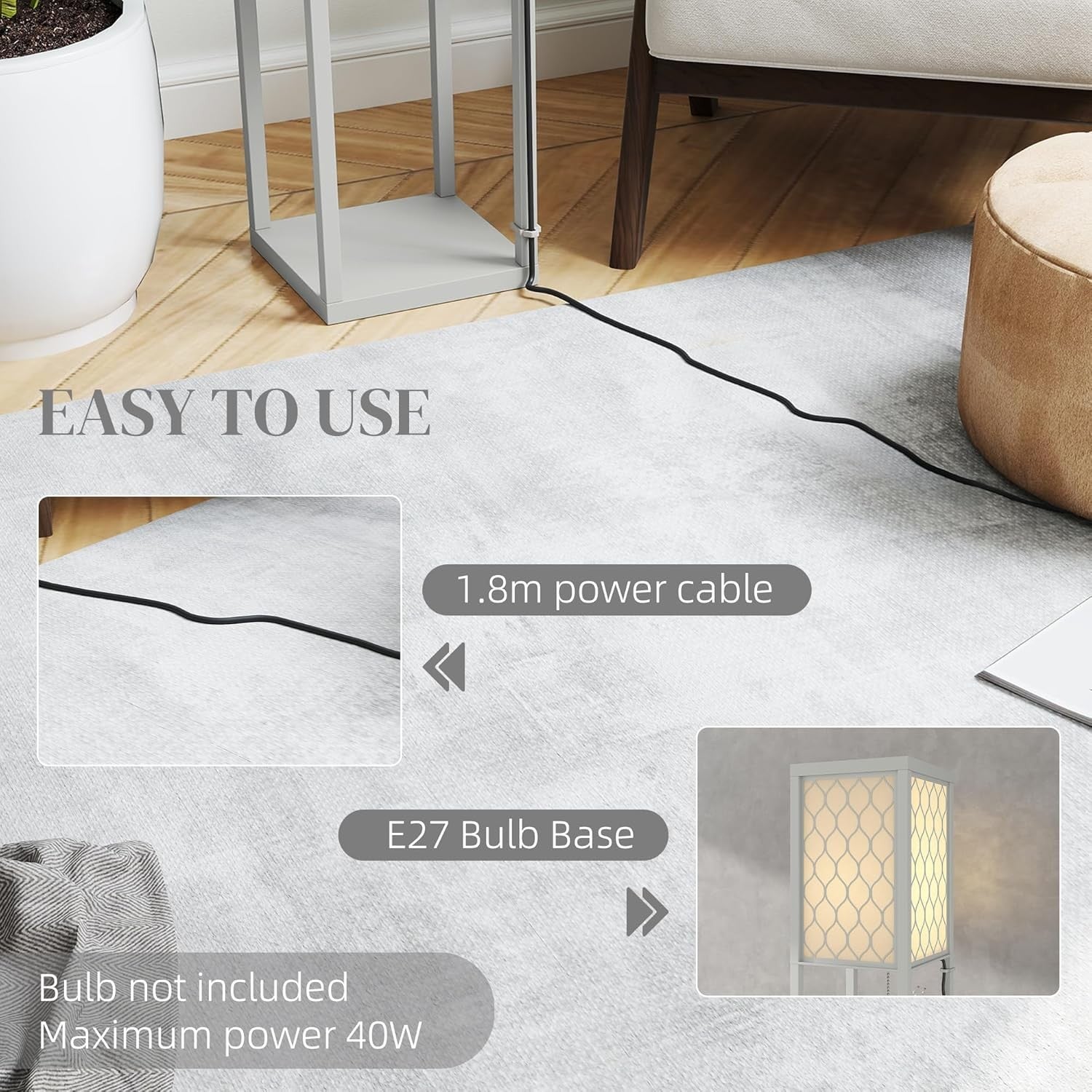 Floor Lamp with Shelves Tall Standing Light Fabric Shade Storage Unit