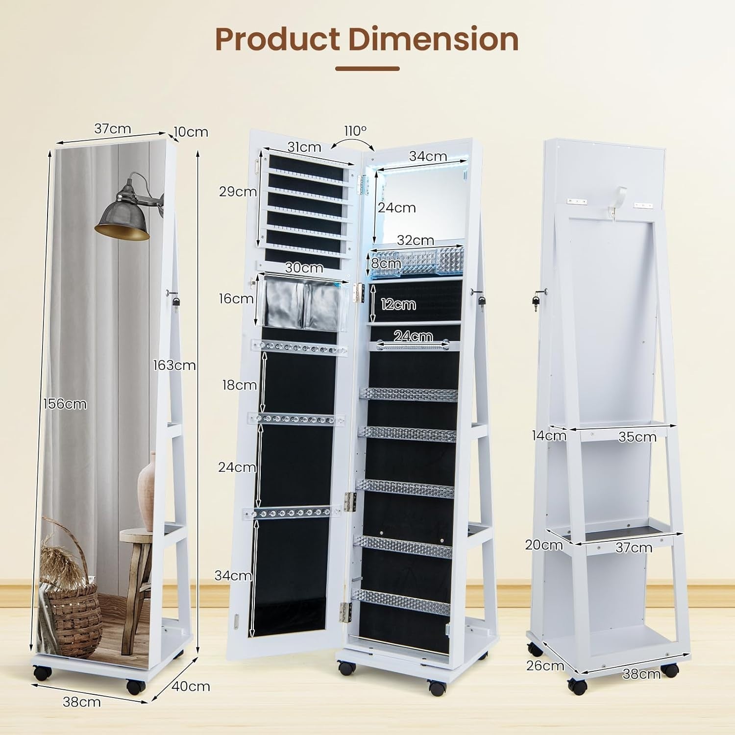 White 360° Rotating LED Jewellery Cabinet Lockable Mirror with Wheels
