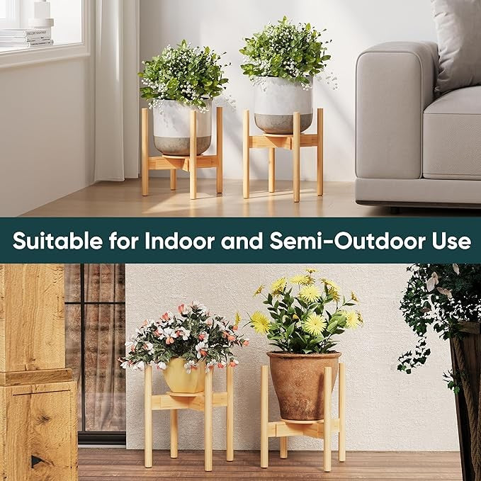 Adjustable Bamboo Plant Stand 2 Pack with Removable Tray for Indoor Pots 20–30cm