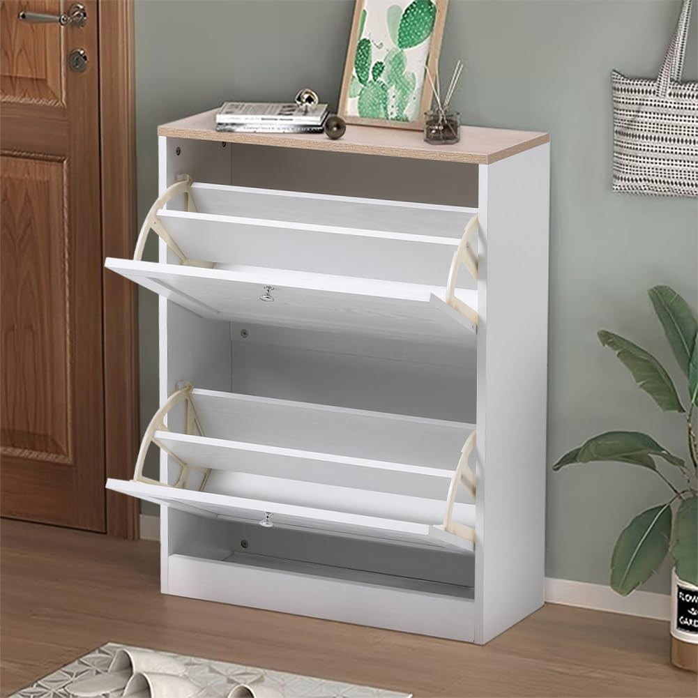 2 Drawer Flip Door Shoe Cabinet with Adjustable Shelves 58x24x80 cm White