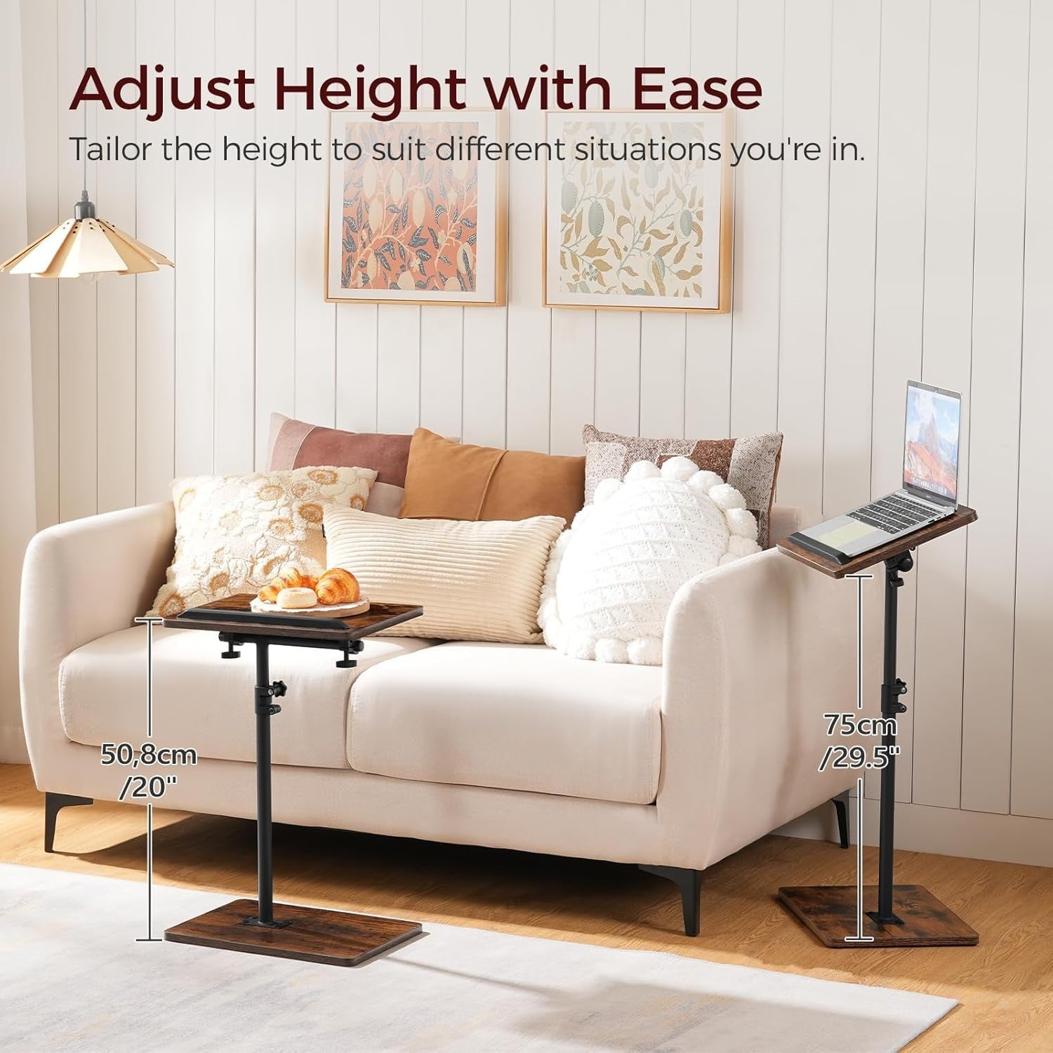 Rustic Adjustable C-Shaped Side Table 360° Rotating Tilt Top w/ Slot