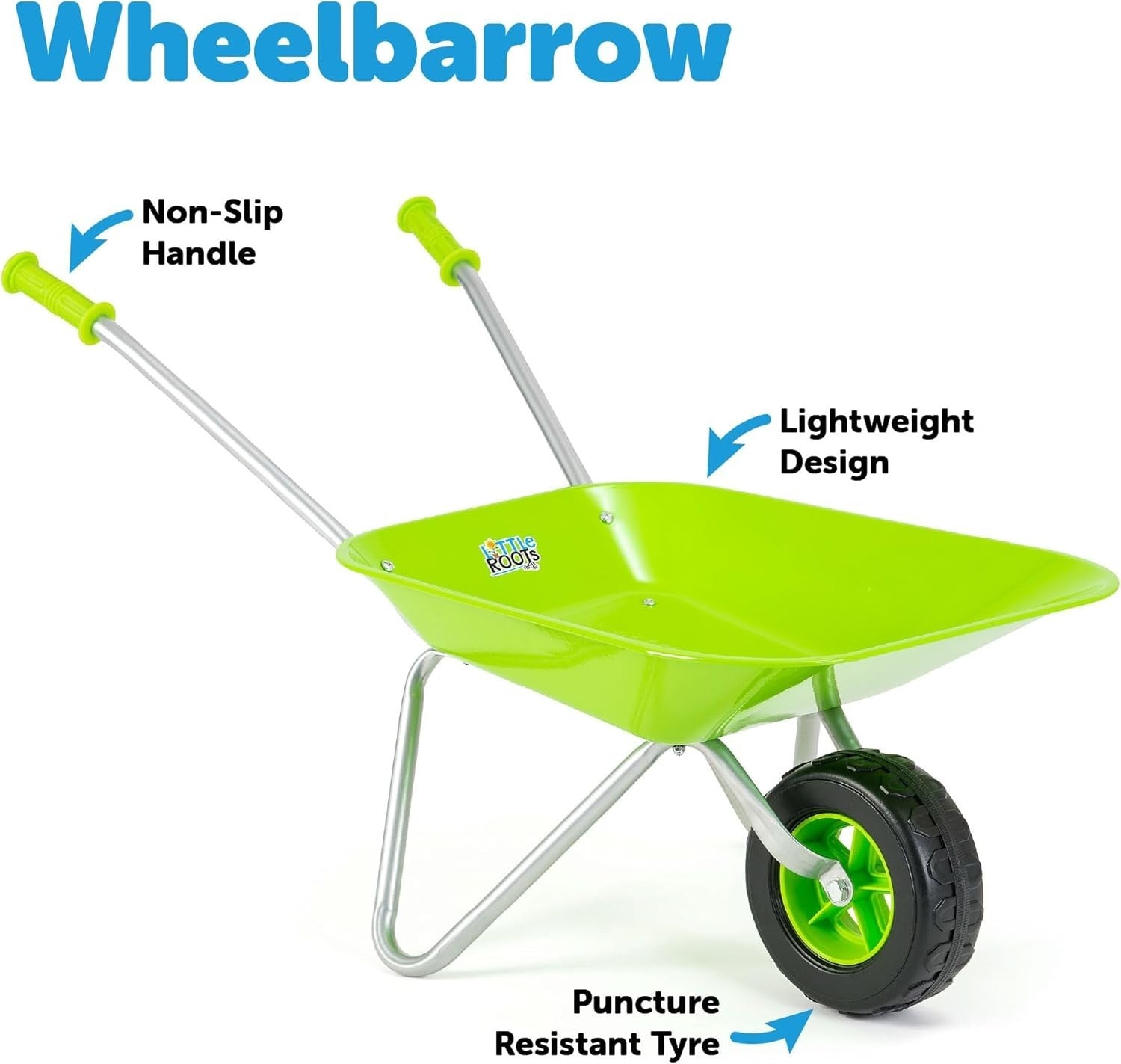 Kids Garden Wheelbarrow – Green – Metal Frame w/Plastic Tray & Soft Handles
