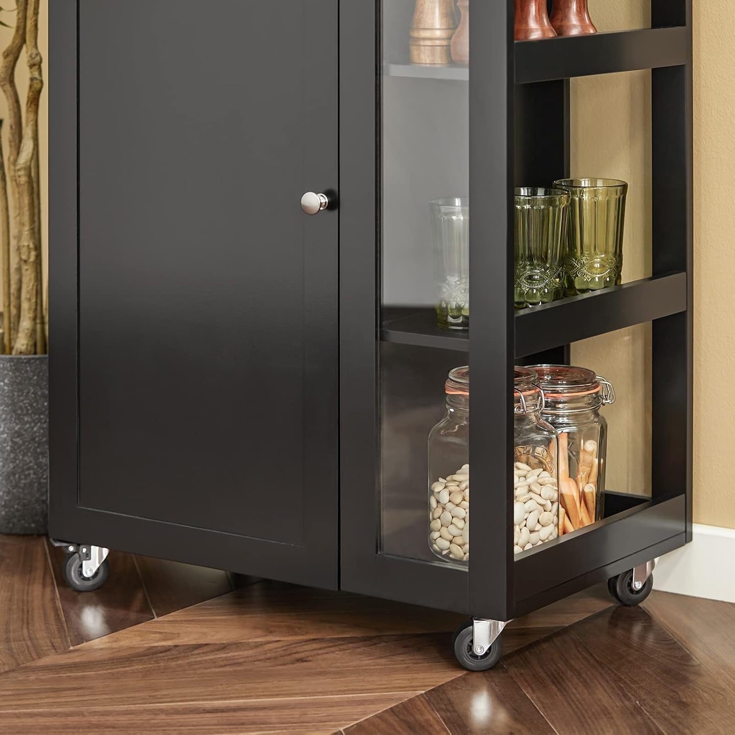 Black Compact Kitchen Island on Wheels with Cupboard, Side Rack & Worktop