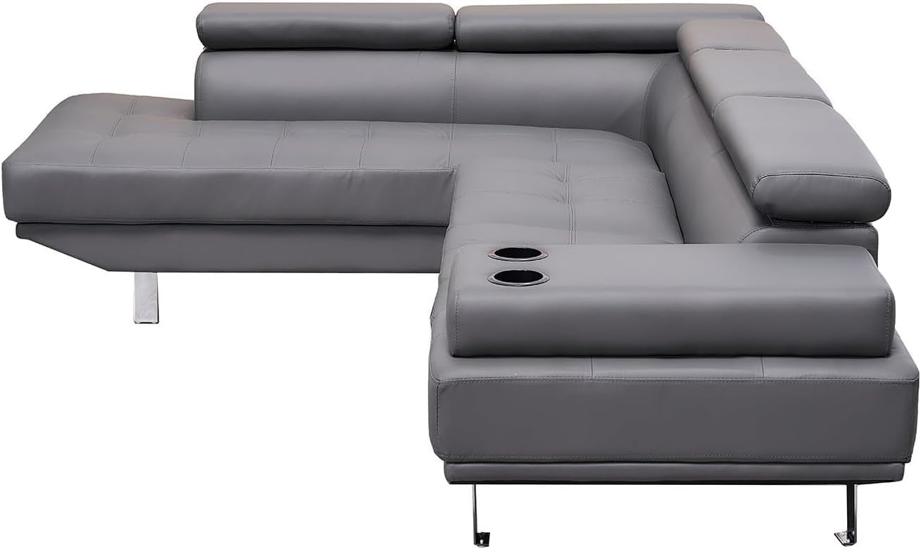 Grey Bonded Leather Corner Sofa LH | Adjustable Headrests + Cup Holders