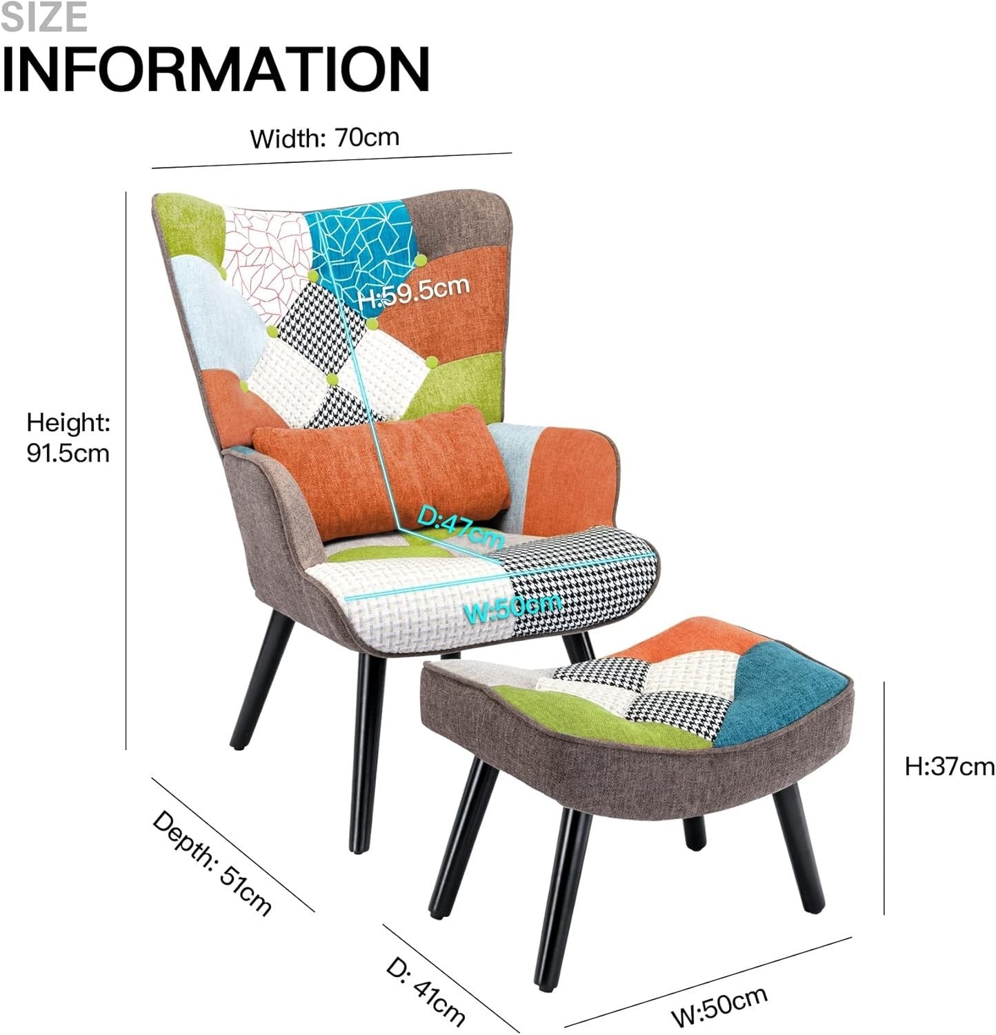 High Back Patchwork Armchair w/ Footstool Reading Lounge Chair