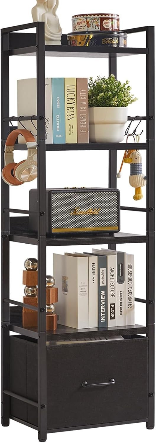 5 Tier Ladder Shelf with Fabric Drawer Industrial Metal Frame Bookcase Black