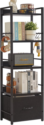 5 Tier Ladder Shelf with Fabric Drawer Industrial Metal Frame Bookcase Black