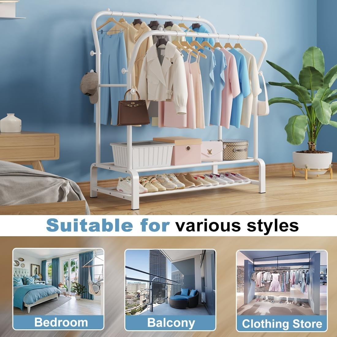 Heavy Duty White Metal Clothes Rail Double Rack with Hooks & Shelves