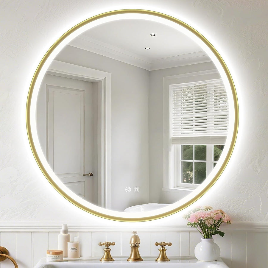 LED Bathroom Mirror 80x80cm Anti-Fog Dimmable Gold Frame Waterproof