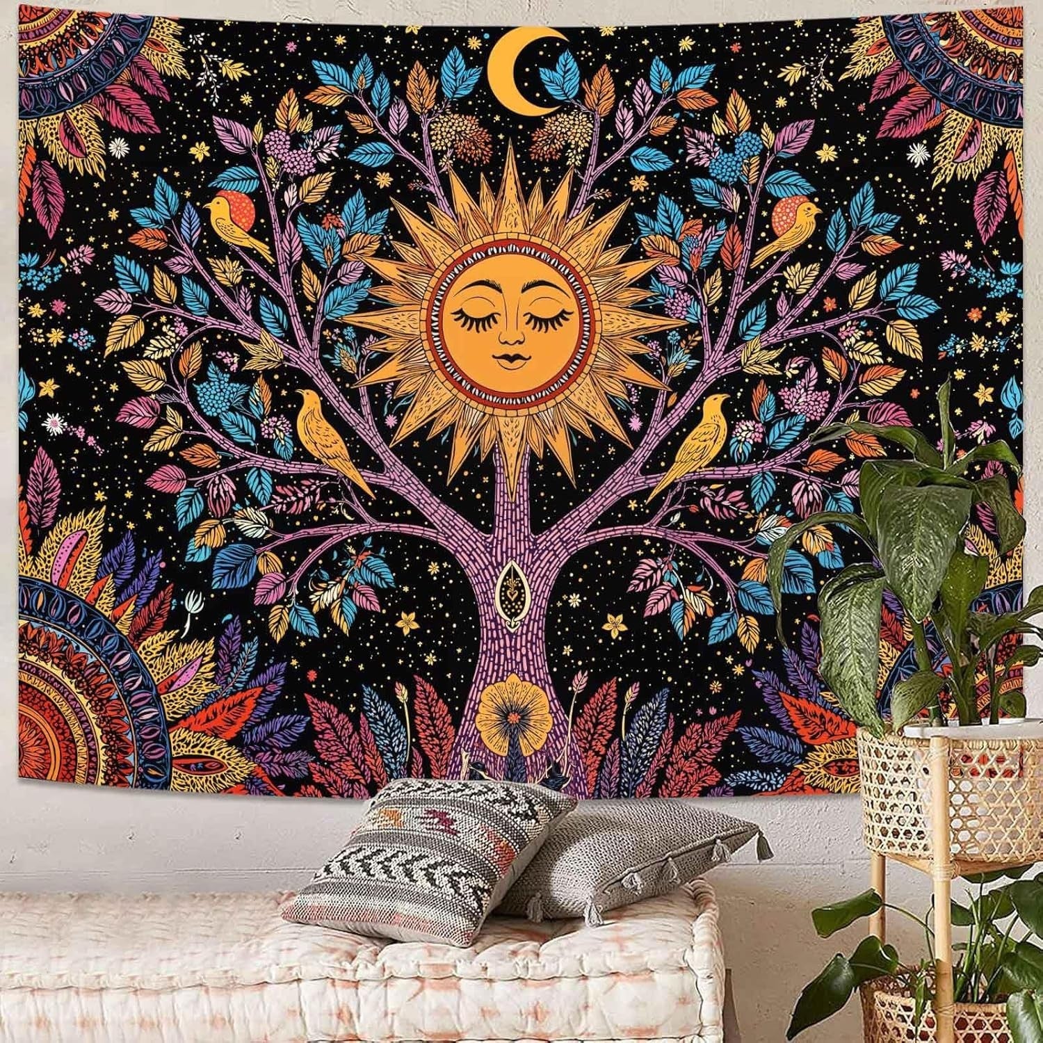 Tree of Life Sun Face & Birds Tapestry Boho Wall Decor 44x60
