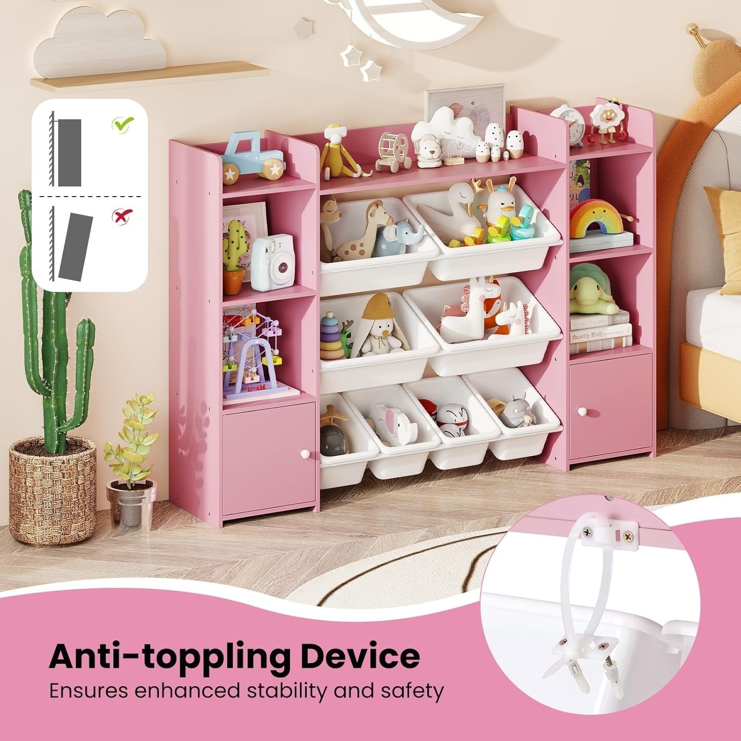 Pink Toy Storage Shelf – Kids 4-Tier Unit with Bins & Cabinets 142cm