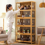 Glass Liquor Cabinet with Doors Display Storage | Tall Wood Bar Drinks Shelf