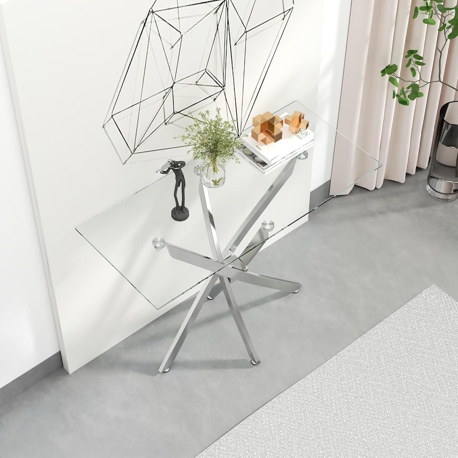 Modern Slim Glass Console Table 100cm, Silver Metal Legs for Hallway