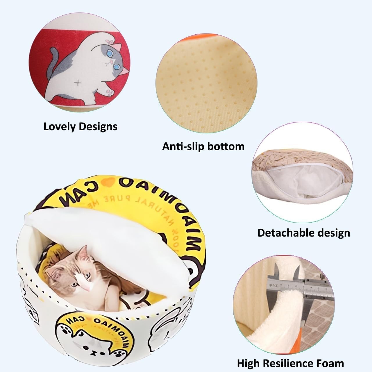Cat Cave Bed Noodle Cup Warm Hideaway Pet House Non Slip Yellow L