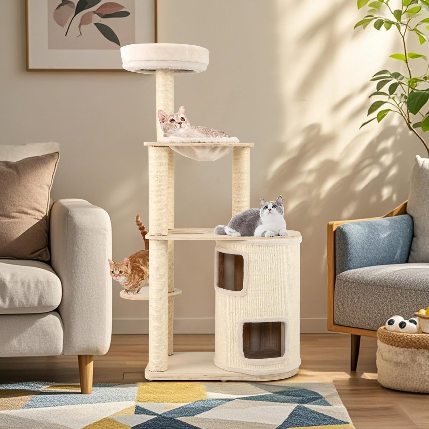 151cm Wooden Cat Tree with Condo Hammock Scratching Posts Indoor Climbing Tower
