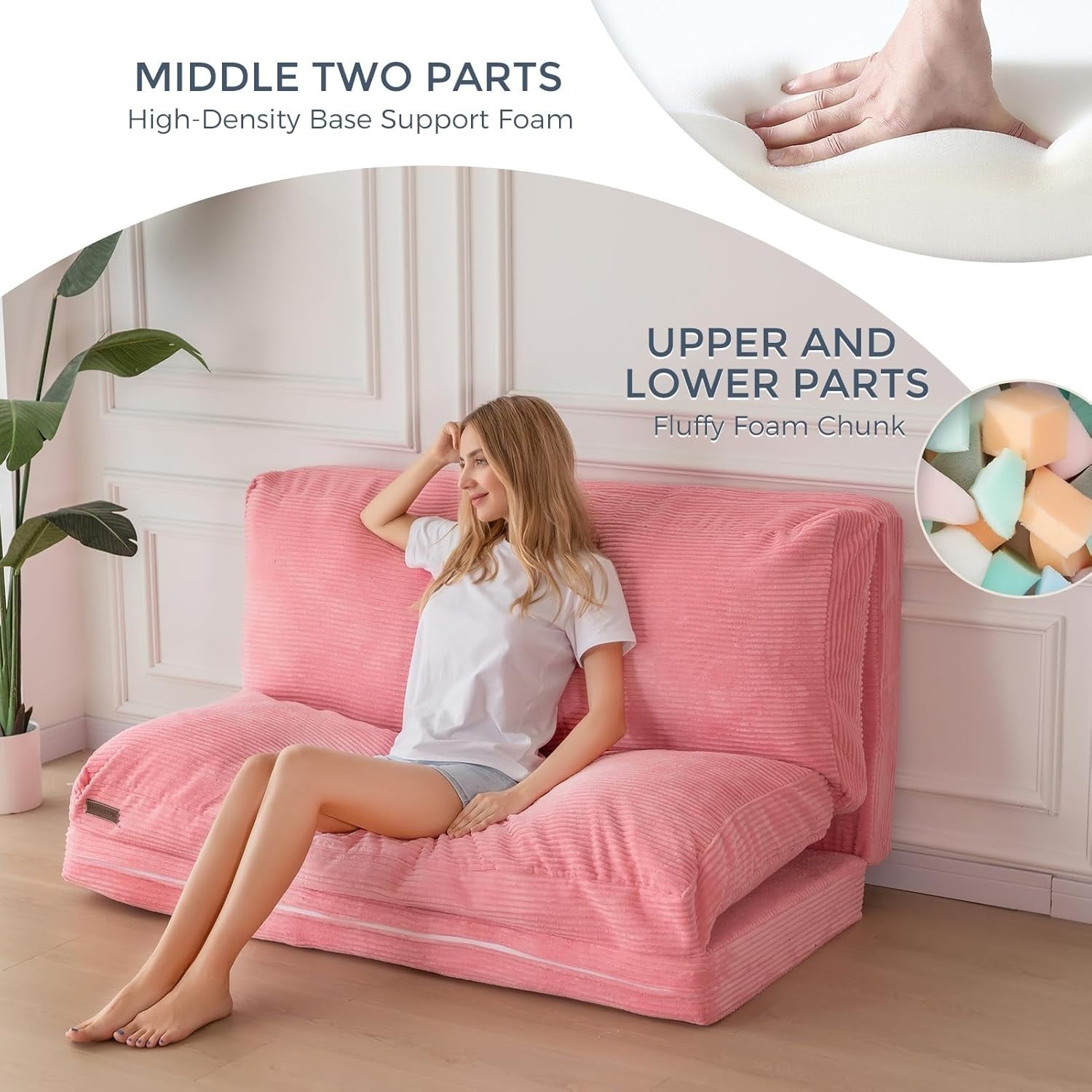 Pink Corduroy 4 Fold Sofa Floor Bed Chair 75x240cm Washable Cover Foam