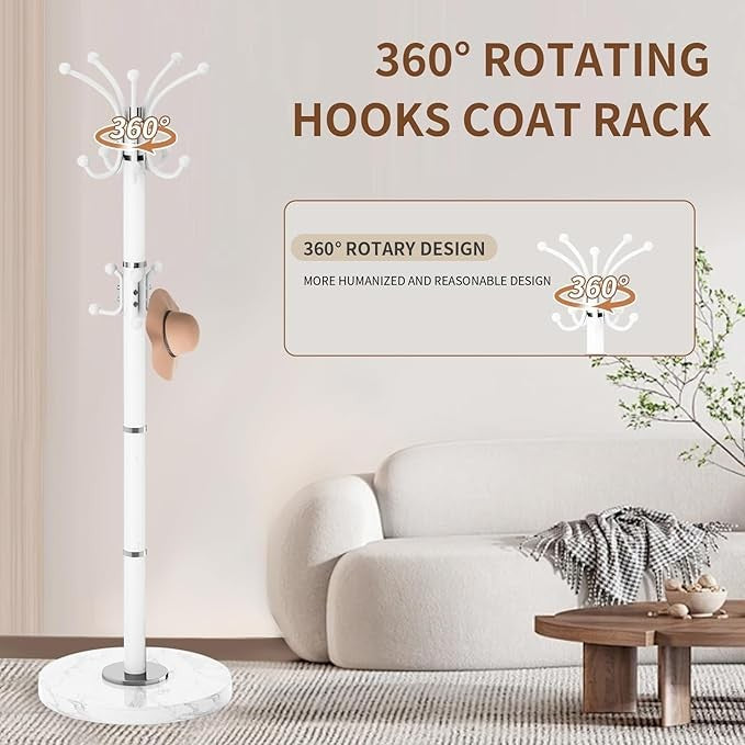 White 360° Rotating Metal Coat Rack Marble Base 16 Hooks Hall Tree Organizer
